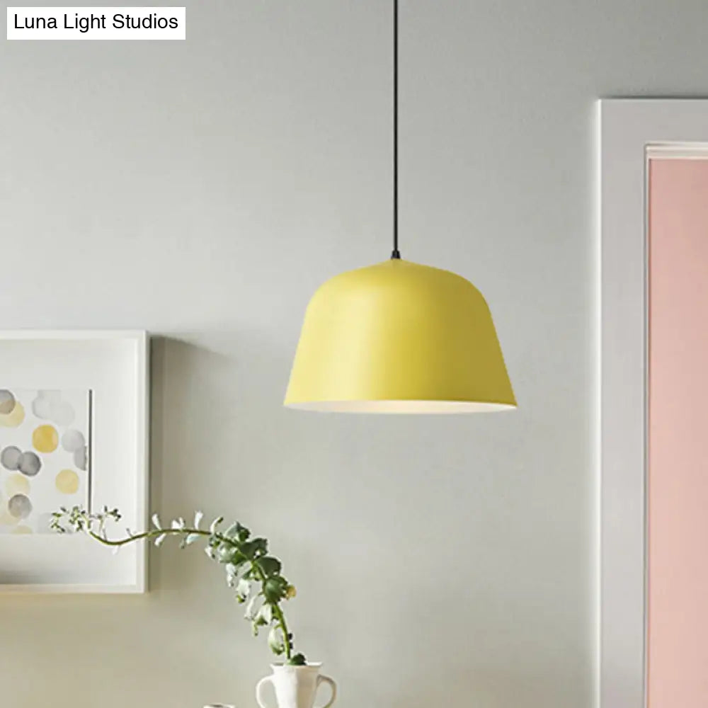 Macaron Single-Bulb Pendant Light With Pink/Grey/Green Bowl Shade Iron Finish | 10/12.5 Width