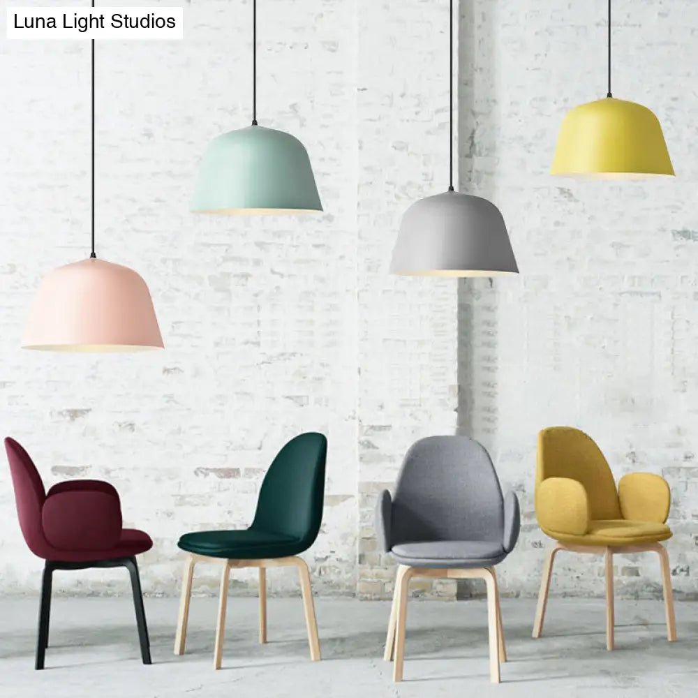 Macaron Single-Bulb Pendant Light With Pink/Grey/Green Bowl Shade Iron Finish | 10/12.5 Width