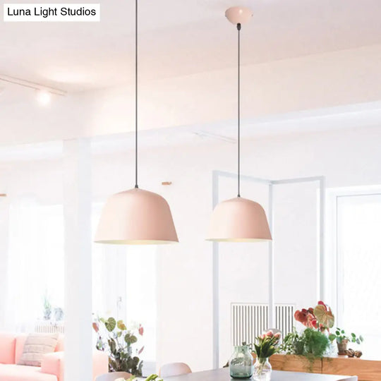 Macaron Single-Bulb Pendant Light With Pink/Grey/Green Bowl Shade Iron Finish | 10/12.5 Width