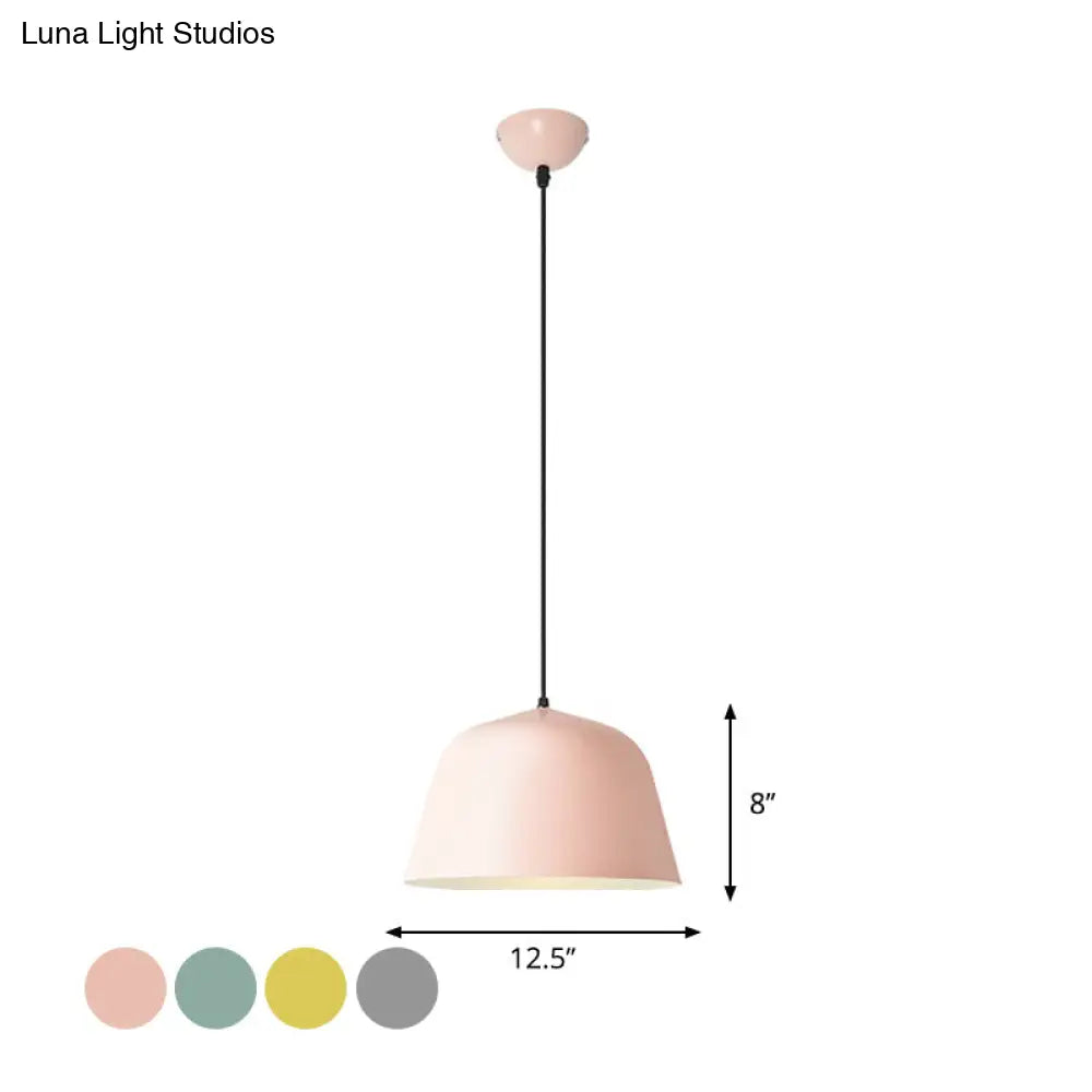 Macaron Single-Bulb Pendant Light With Pink/Grey/Green Bowl Shade Iron Finish | 10/12.5 Width