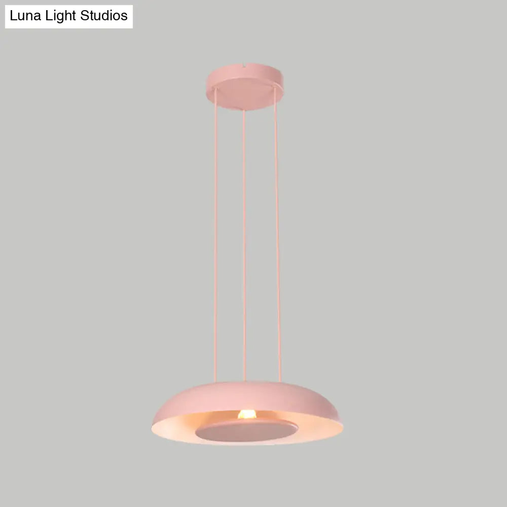 Macaron Pendant Lamp: Pink/Blue/Green Single Iron Hanging Light With Disc Bottom Perfect Over Table