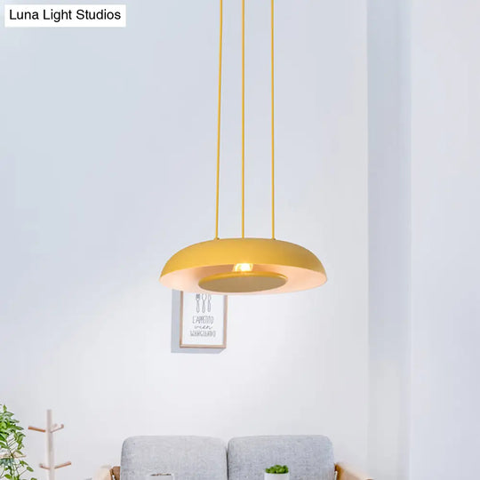 Macaron Pendant Lamp: Pink/Blue/Green Single Iron Hanging Light With Disc Bottom Perfect Over Table