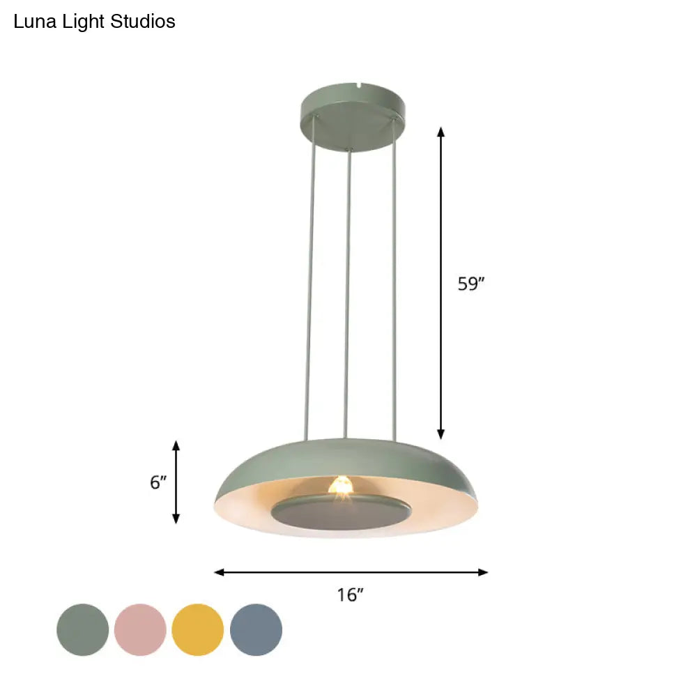 Macaron Single Iron Pendant Lamp With Disc Bottom - Pink/Blue/Green