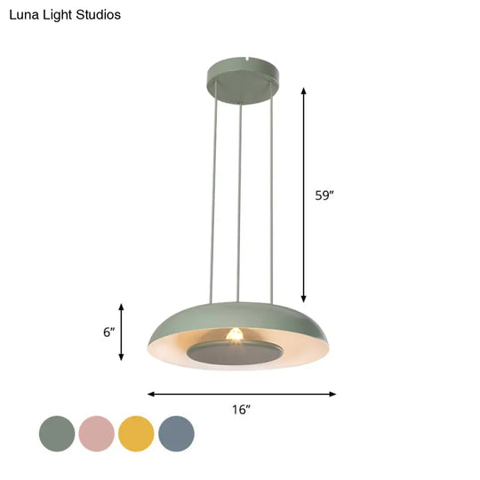Macaron Single Iron Pendant Lamp With Disc Bottom - Pink/Blue/Green