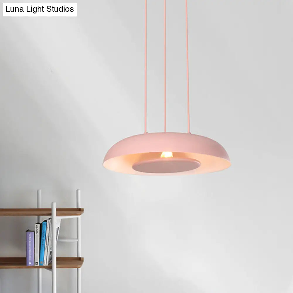 Macaron Pendant Lamp: Pink/Blue/Green Single Iron Hanging Light With Disc Bottom Perfect Over Table