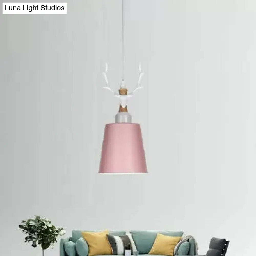 Macaron Style Hanging Light With Antlers - Metal Pendant For Balcony And Foyer