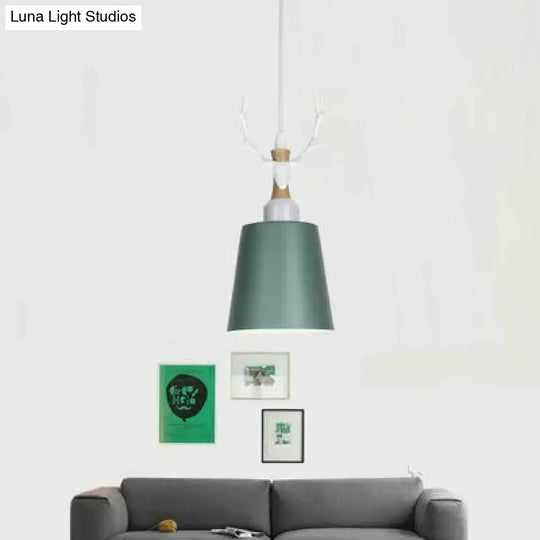 Macaron Style Hanging Light With Antlers - Metal Pendant For Balcony And Foyer