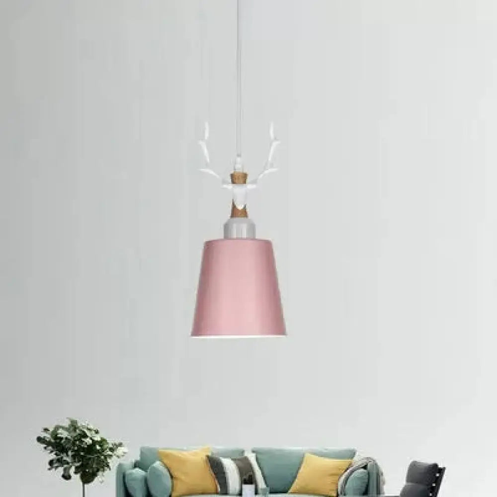 Macaron Style Hanging Light With Antlers - Metal Pendant For Balcony And Foyer Pink
