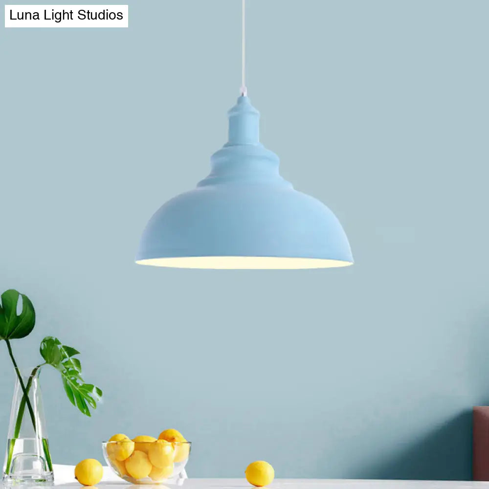 Macaron Style Pink/Yellow Bowl Ceiling Light: Metal Suspended Lamp For Bedroom - 1 Bulb Fixture Blue