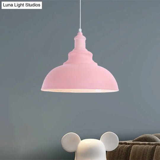 Macaron Style Pink/Yellow Bowl Ceiling Light: Metal Suspended Lamp For Bedroom - 1 Bulb Fixture