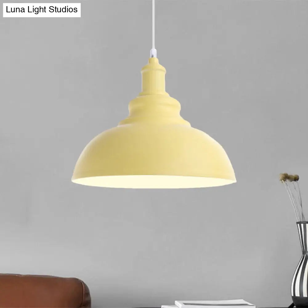 Macaron Style Pink/Yellow Bowl Ceiling Light: Metal Suspended Lamp For Bedroom - 1 Bulb Fixture