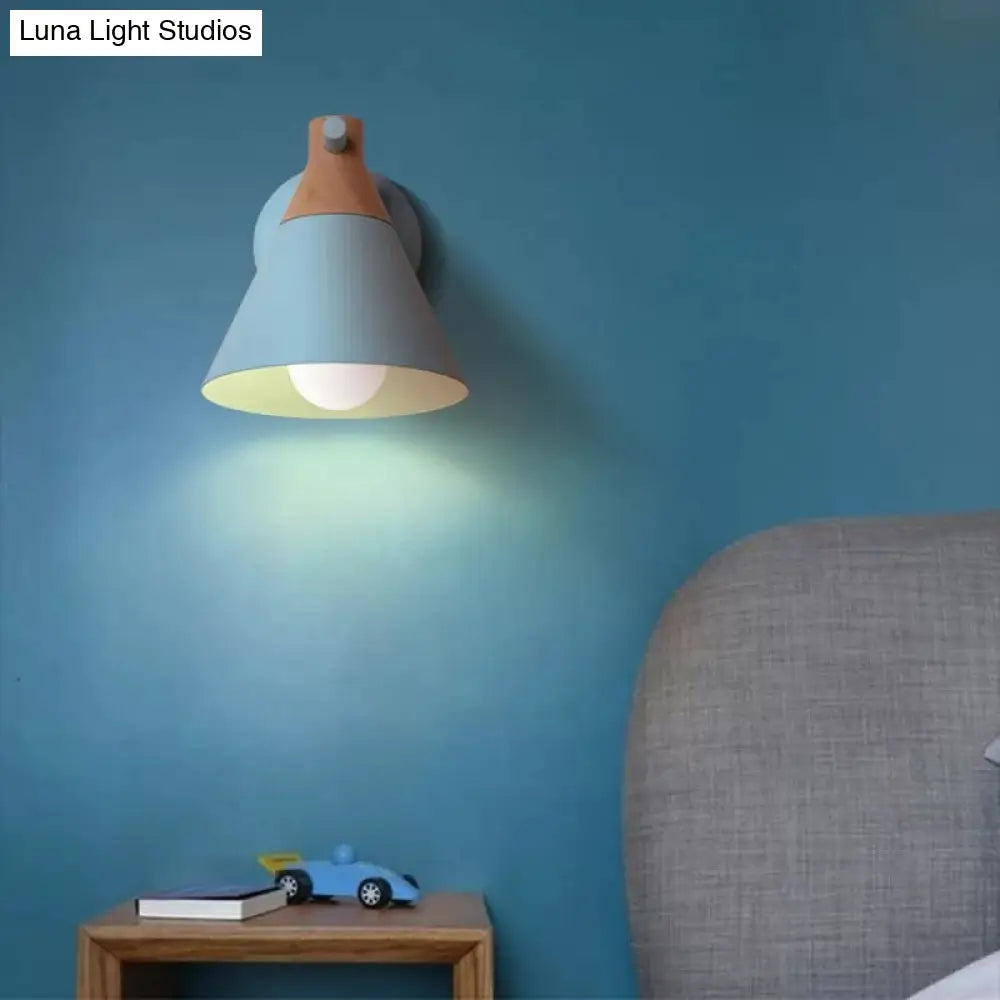 Macaron Style Wall Light With Conical Shade - 1 Head Metal Lamp For Kitchen & Corridor Blue