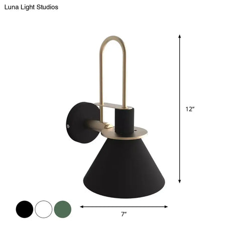 Macaron Wall Lamp - Black/White/Green 1-Light Metal Mounted Light For Bedroom With Arched Arm