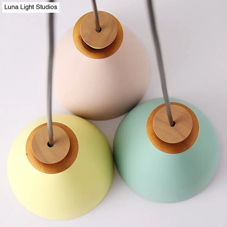Macaroon 3-Light Cluster Pendant: Vibrant Green Pink And Yellow Cone Metal Shade Hanging Light With