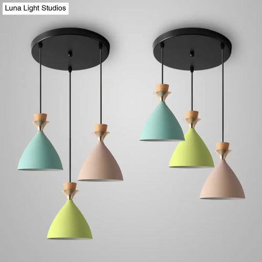Colorful Macaroon Pendant Light With Adjustable Wire - Green Pink And Yellow 3-Light Cluster Cone