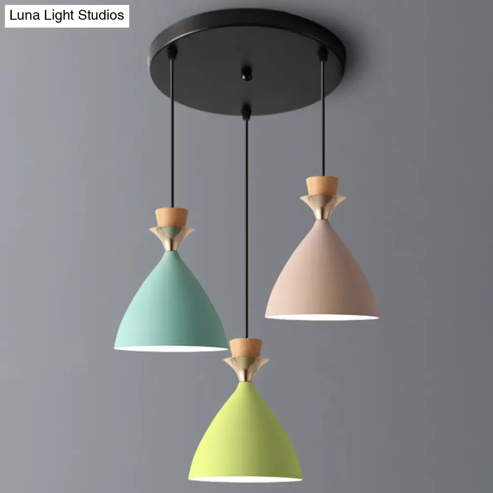 Macaroon 3-Light Cluster Pendant: Vibrant Green Pink And Yellow Cone Metal Shade Hanging Light With