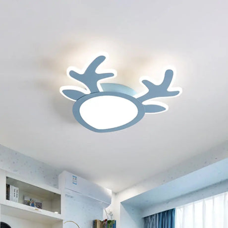 Macaroon Pink/Blue Led Children’s Bedroom Ceiling Light - Antler Iron Flush Mount Lamp Blue