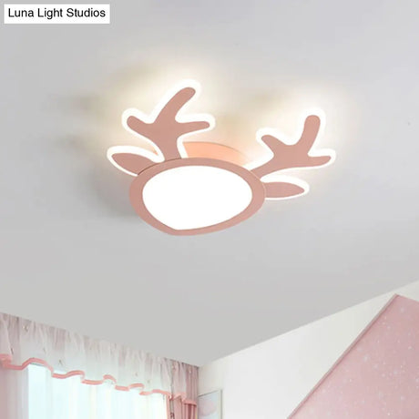 Macaroon Pink/Blue Led Children’s Bedroom Ceiling Light - Antler Iron Flush Mount Lamp