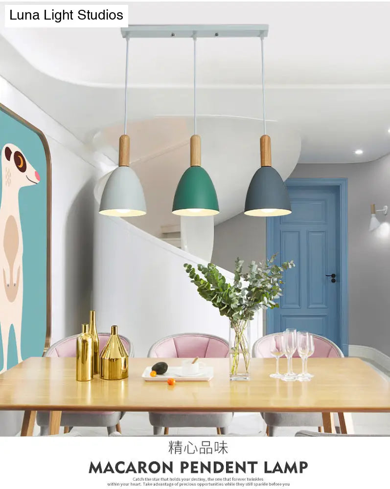 Macaroon Wood Dome Pendant Light Fixture - 3-Light Hanging Lamp For Living Room