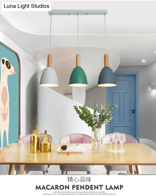 Macaroon Wood Dome Pendant Light Fixture - 3-Light Hanging Lamp For Living Room