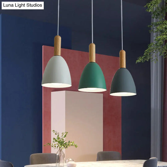 Macaroon Wood Dome Pendant Light Fixture - 3-Light Hanging Lamp For Living Room