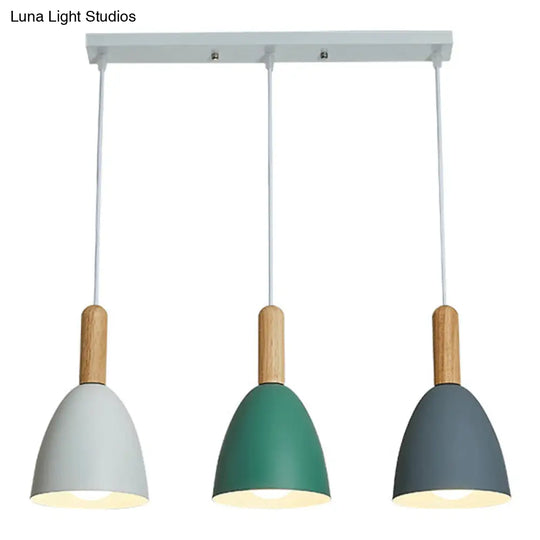 Macaroon Wood Dome Pendant Light Fixture - 3-Light Hanging Lamp For Living Room