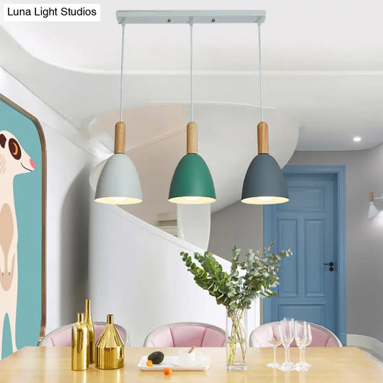 Macaroon Wood Dome Pendant Light Fixture - 3-Light Hanging Lamp For Living Room