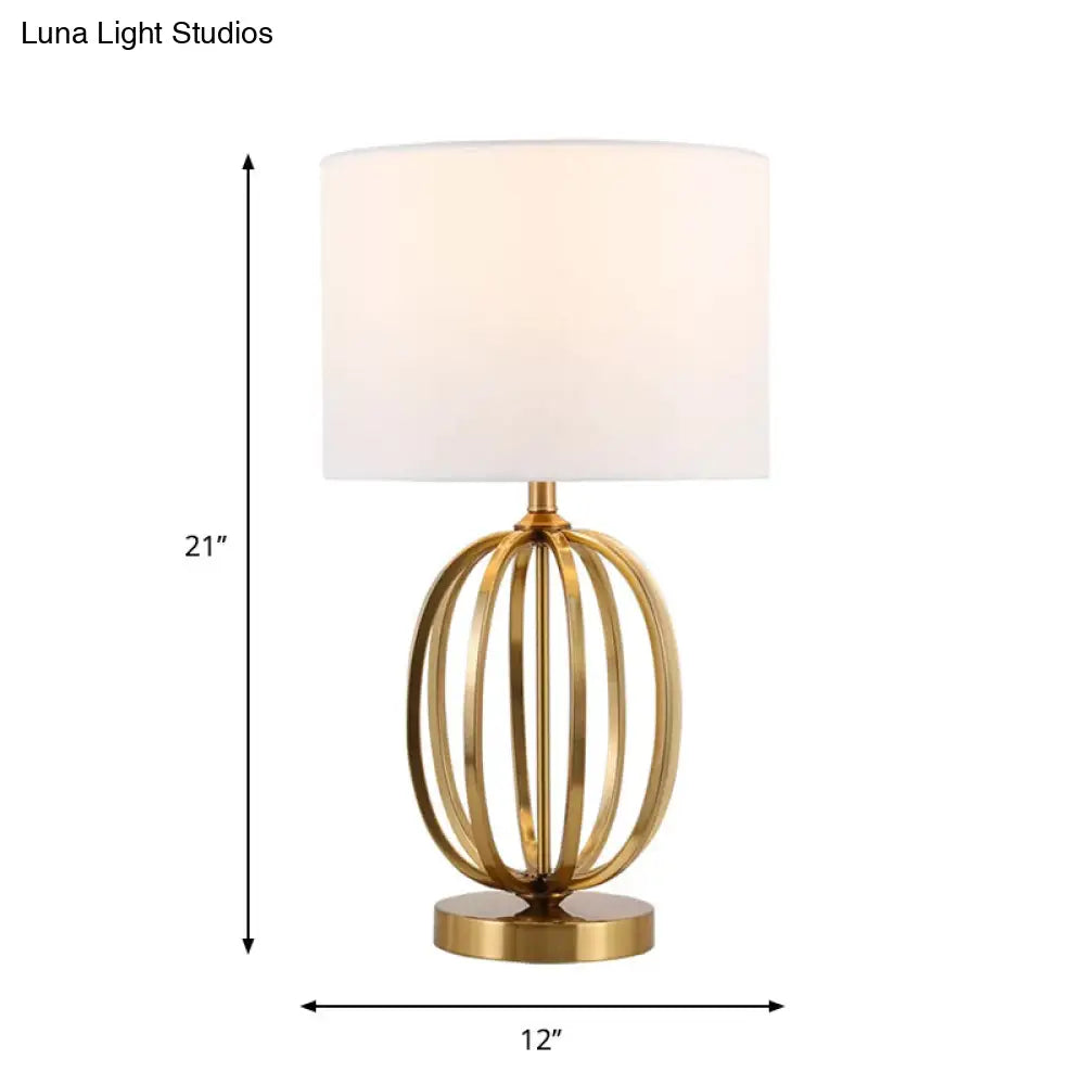 Vintage Single Bulb Table Lamp With Fabric Drum Shade Gold Oval Frame Base