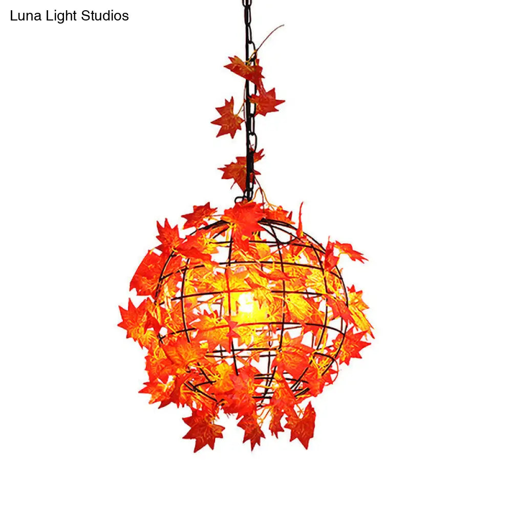 Industrial Maple Leaf/Rose/Plant Metal Pendant Light - Led Hanging Lamp Kit In Pink/Orange/Green