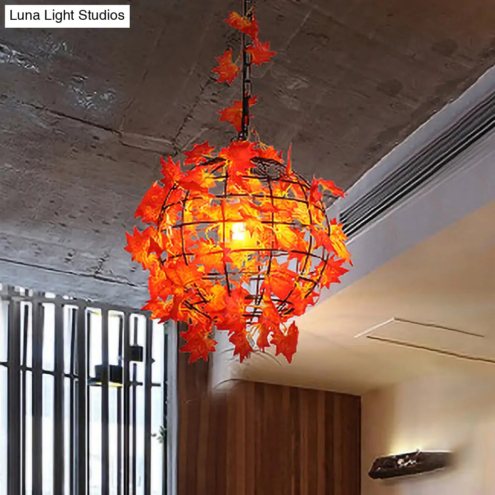Industrial Maple Leaf/Rose/Plant Metal Pendant Light - Led Hanging Lamp Kit In Pink/Orange/Green