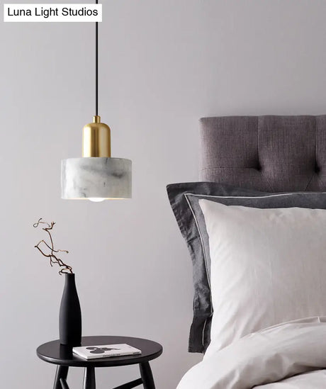 Marble Hanging Light With Gold Lamp Socket - Modern Mini Pendant For Bedroom