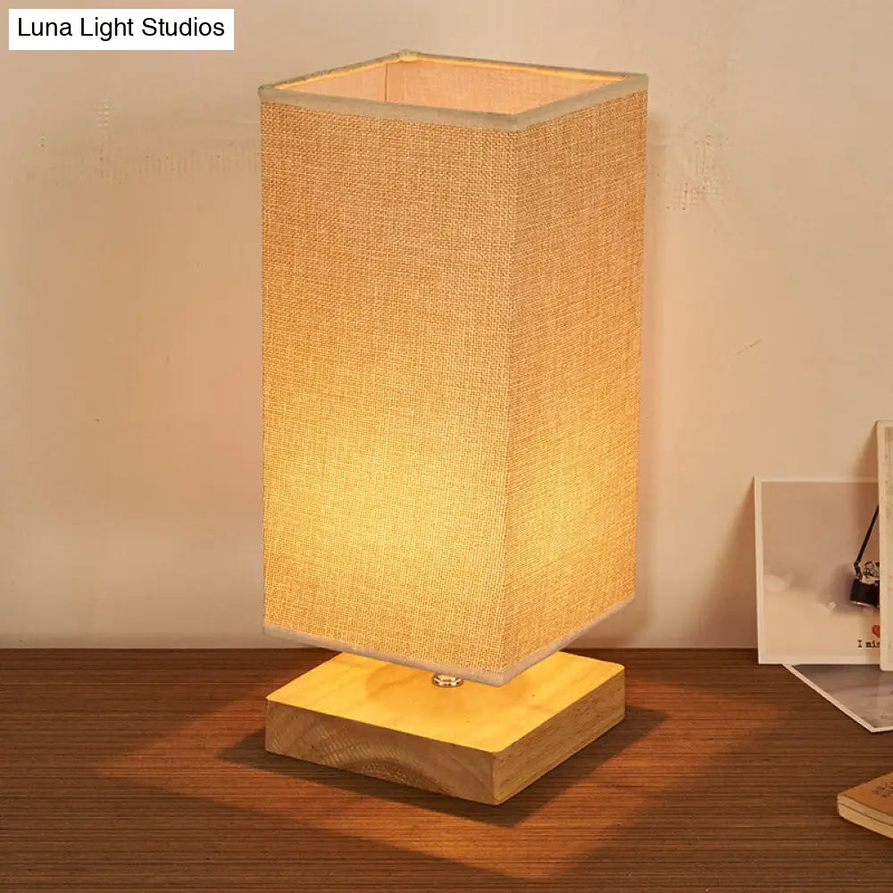 Rectangle Fabric Table Lamp - Beige With Wood Pedestal 1 Head Night Stand Light