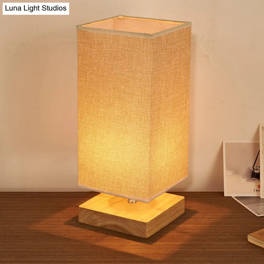 Rectangle Fabric Table Lamp - Beige With Wood Pedestal 1 Head Night Stand Light