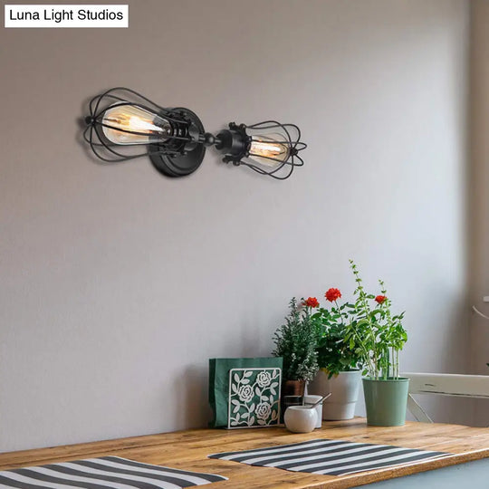 Matte Black Caged Metal Wall Sconce Lighting - Industrial 2-Bulb Design For Dining Room