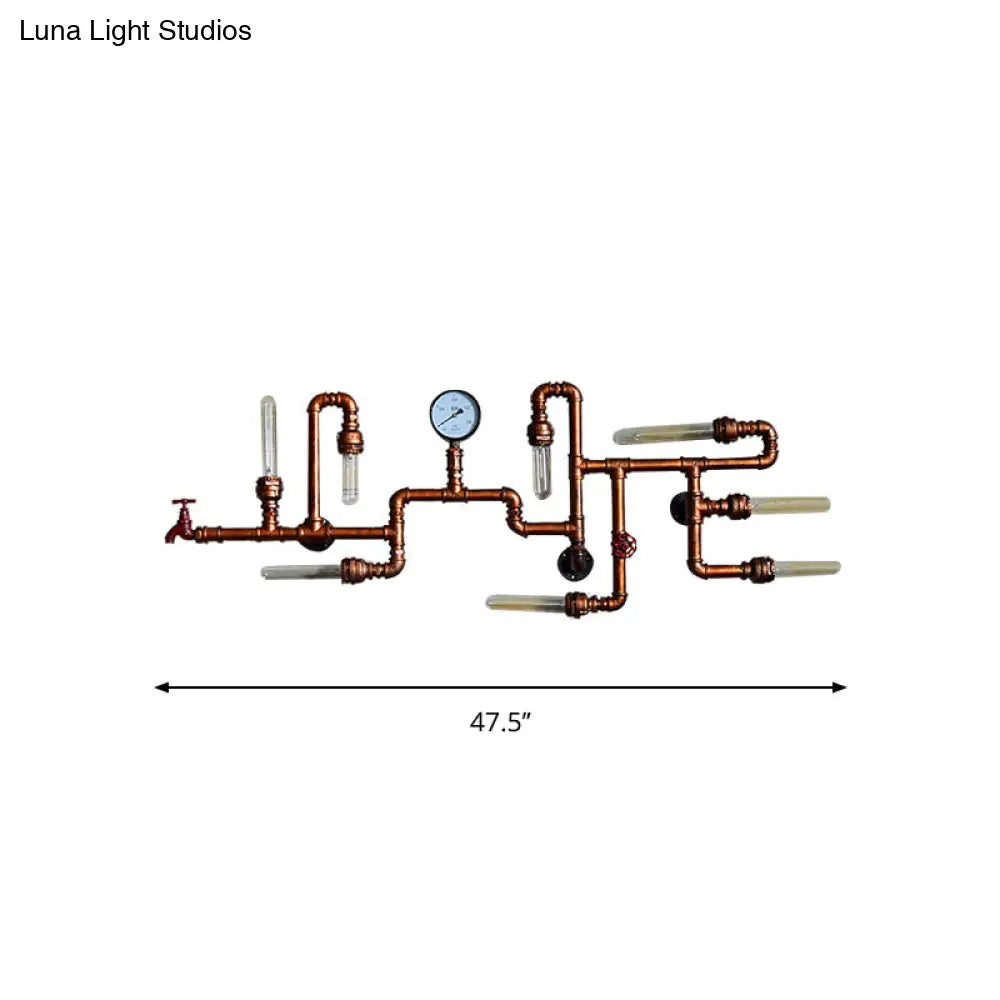 Maze Design Metal Wall Lighting With Steampunk Pressure Gauge - Bronze 8-Light Bathroom Sconce