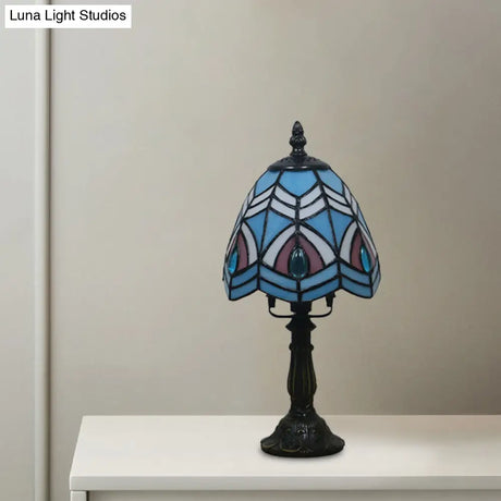 Mediterranean Beige/Pink Glass Bowl Night Lamp - Hand-Cut With Floral/Peacock Tail Patterns Table