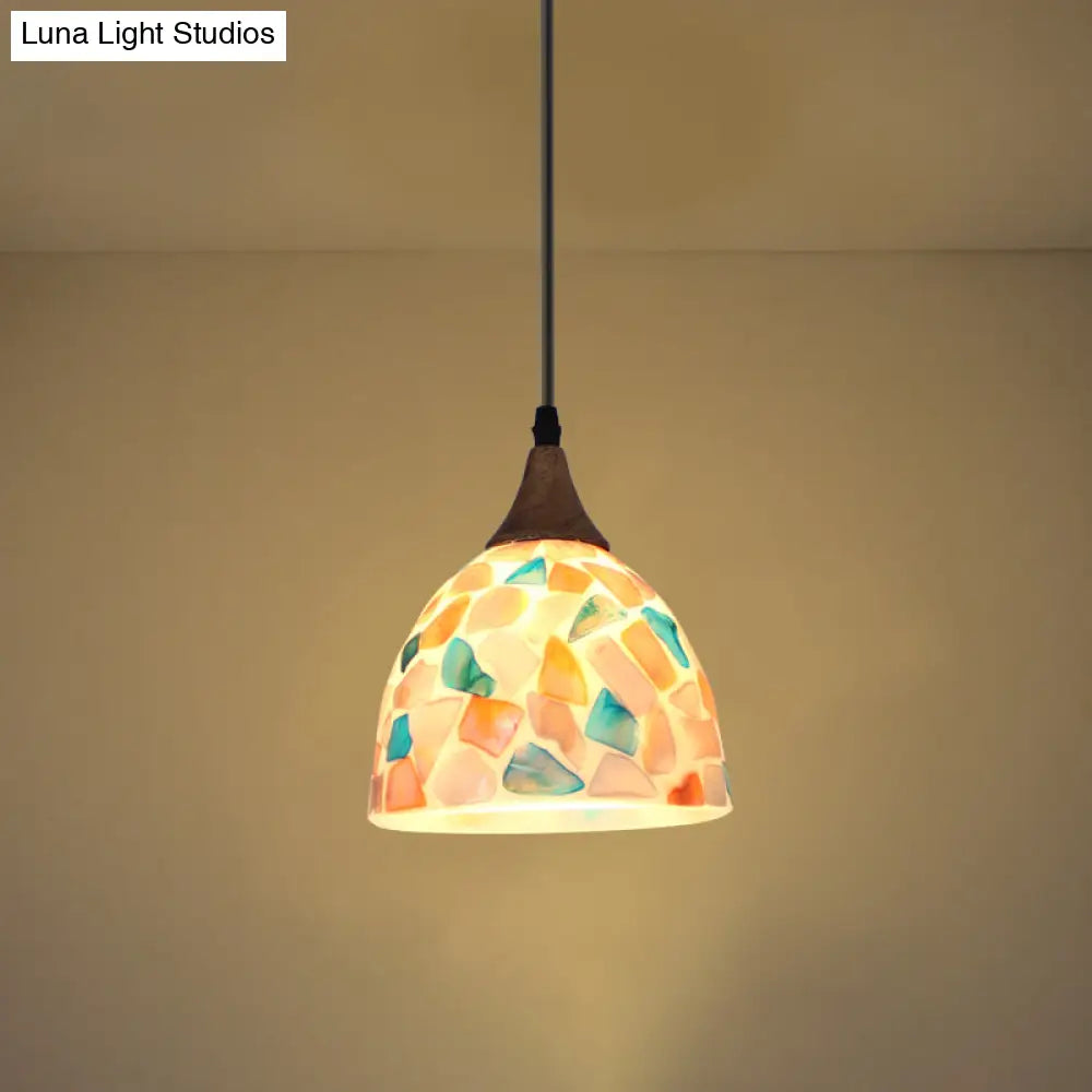 Mediterranean Beige Shell Bell Hanging Lamp With Mosaic Effect - Kitchen Pendant Lighting 1 / Round