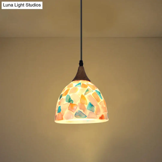 Mediterranean Beige Shell Bell Hanging Lamp With Mosaic Effect - Kitchen Pendant Lighting 1 / Round