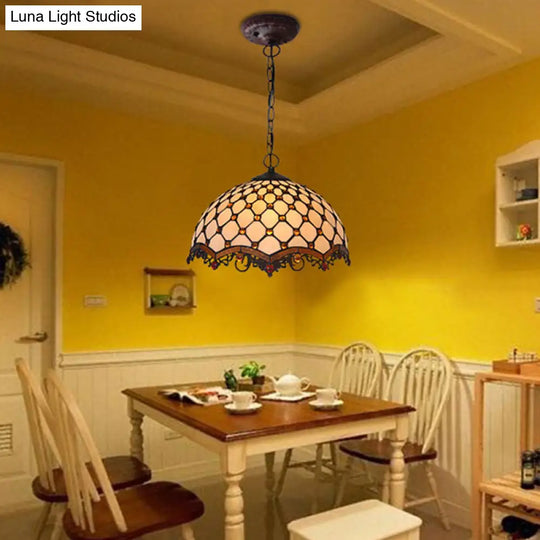 Beige Stained Glass Ceiling Lamp - Mediterranean Pendant Light For Kitchen