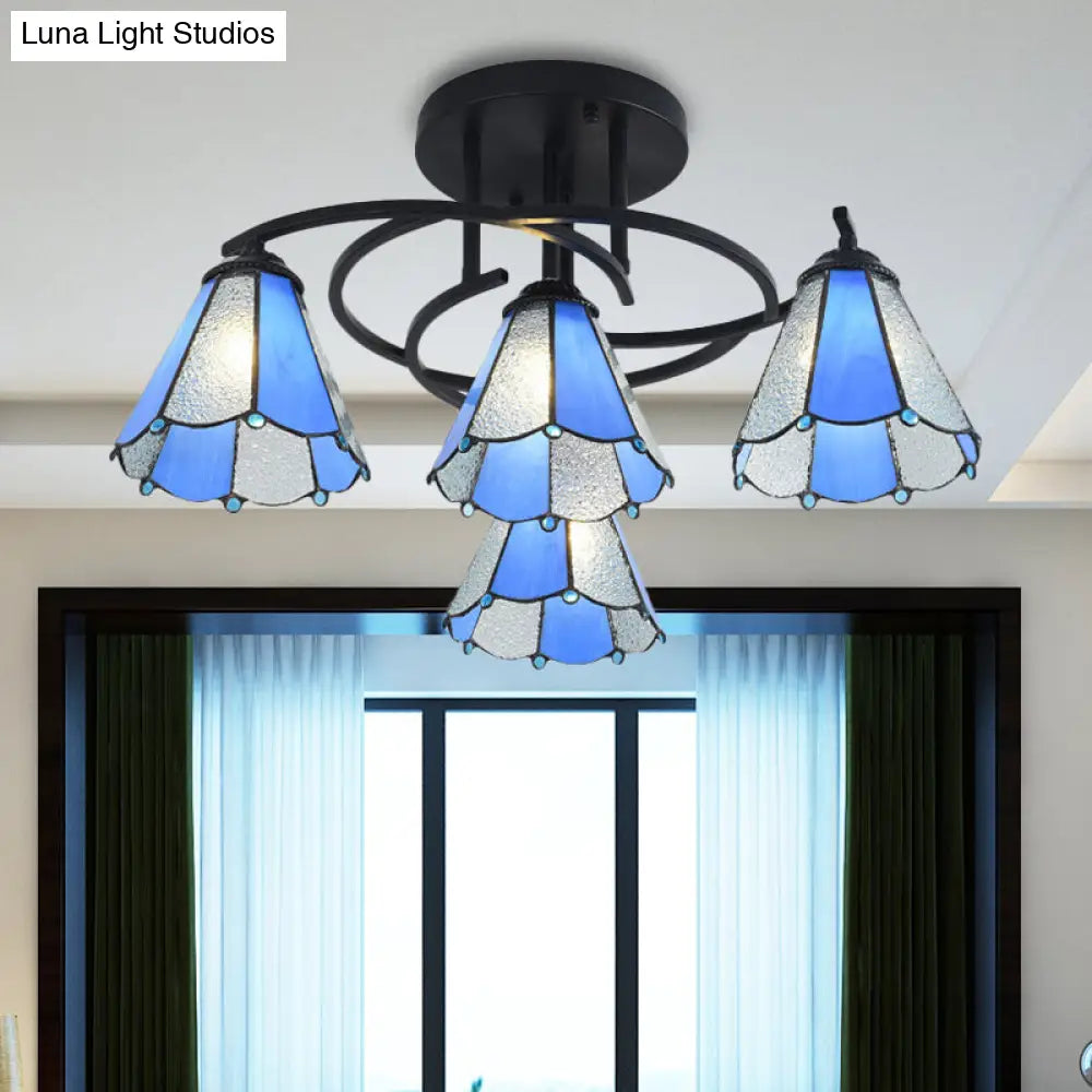 Mediterranean Black Bedroom Ceiling Lamp With Cone/Dome White/Beige/Blue Glass Shade - 4 Lights Semi