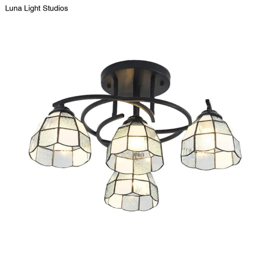 Mediterranean Black Bedroom Ceiling Lamp With Cone/Dome White/Beige/Blue Glass Shade - 4 Lights