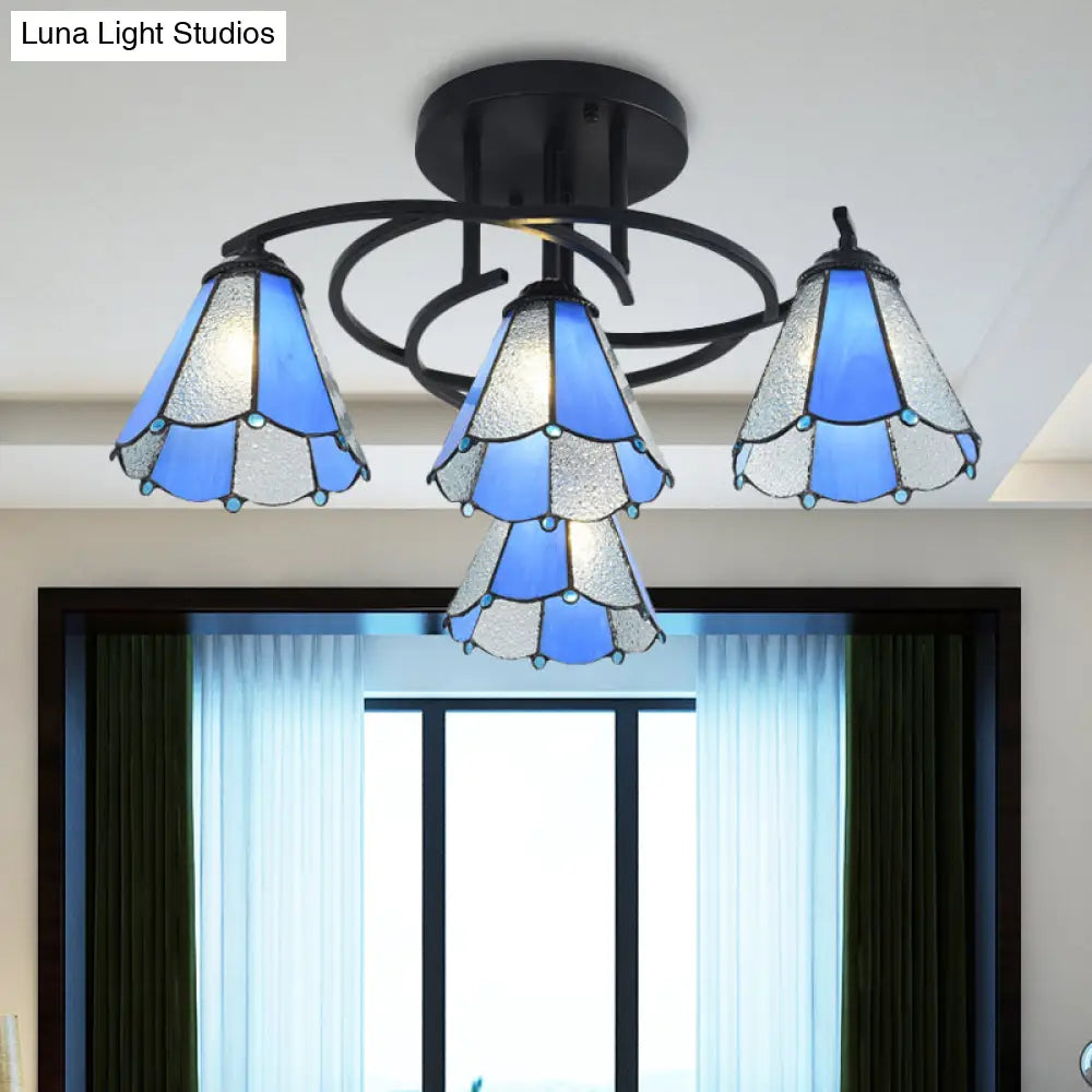 Mediterranean Black Bedroom Ceiling Lamp With Cone/Dome White/Beige/Blue Glass Shade - 4 Lights