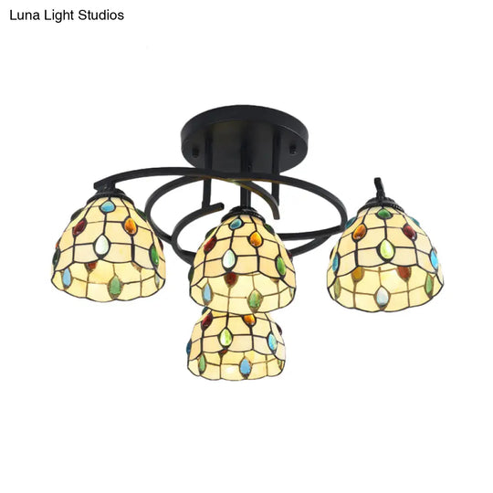 Mediterranean Black Bedroom Ceiling Lamp With Cone/Dome White/Beige/Blue Glass Shade - 4 Lights