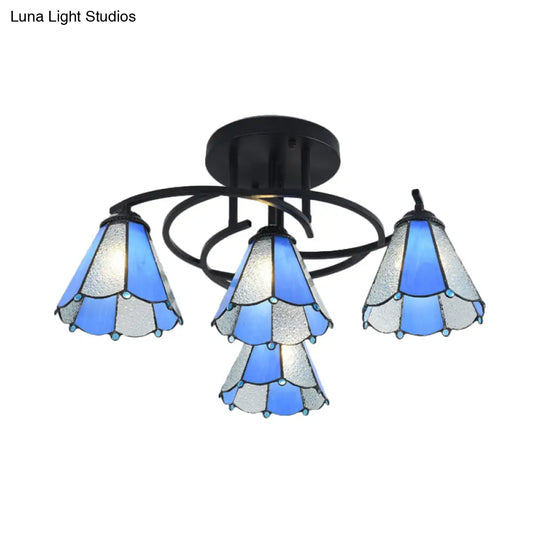 Mediterranean Black Bedroom Ceiling Lamp With Cone/Dome White/Beige/Blue Glass Shade - 4 Lights