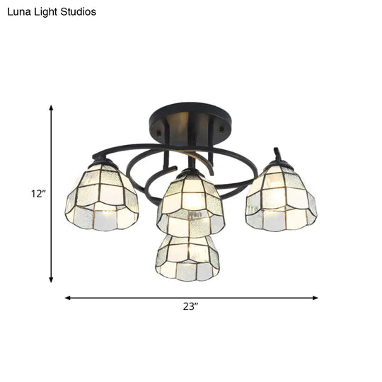 Mediterranean Black Bedroom Ceiling Lamp With Cone/Dome White/Beige/Blue Glass Shade - 4 Lights