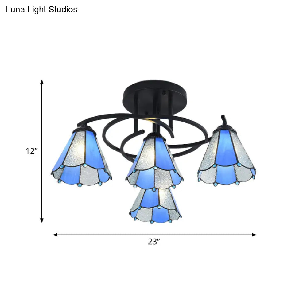 Mediterranean Black Bedroom Ceiling Lamp With Cone/Dome White/Beige/Blue Glass Shade - 4 Lights Semi