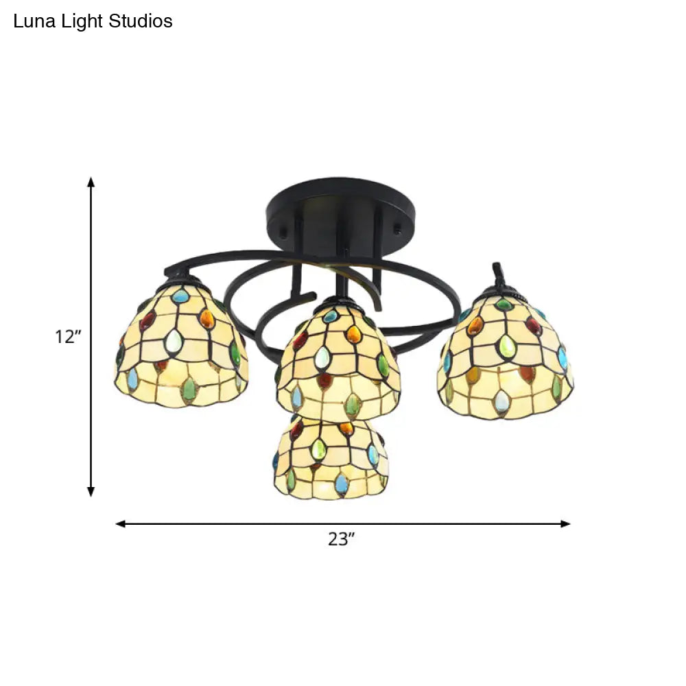 Mediterranean Black Bedroom Ceiling Lamp With Cone/Dome White/Beige/Blue Glass Shade - 4 Lights Semi