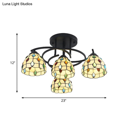 Mediterranean Black Bedroom Ceiling Lamp With Cone/Dome White/Beige/Blue Glass Shade - 4 Lights Semi