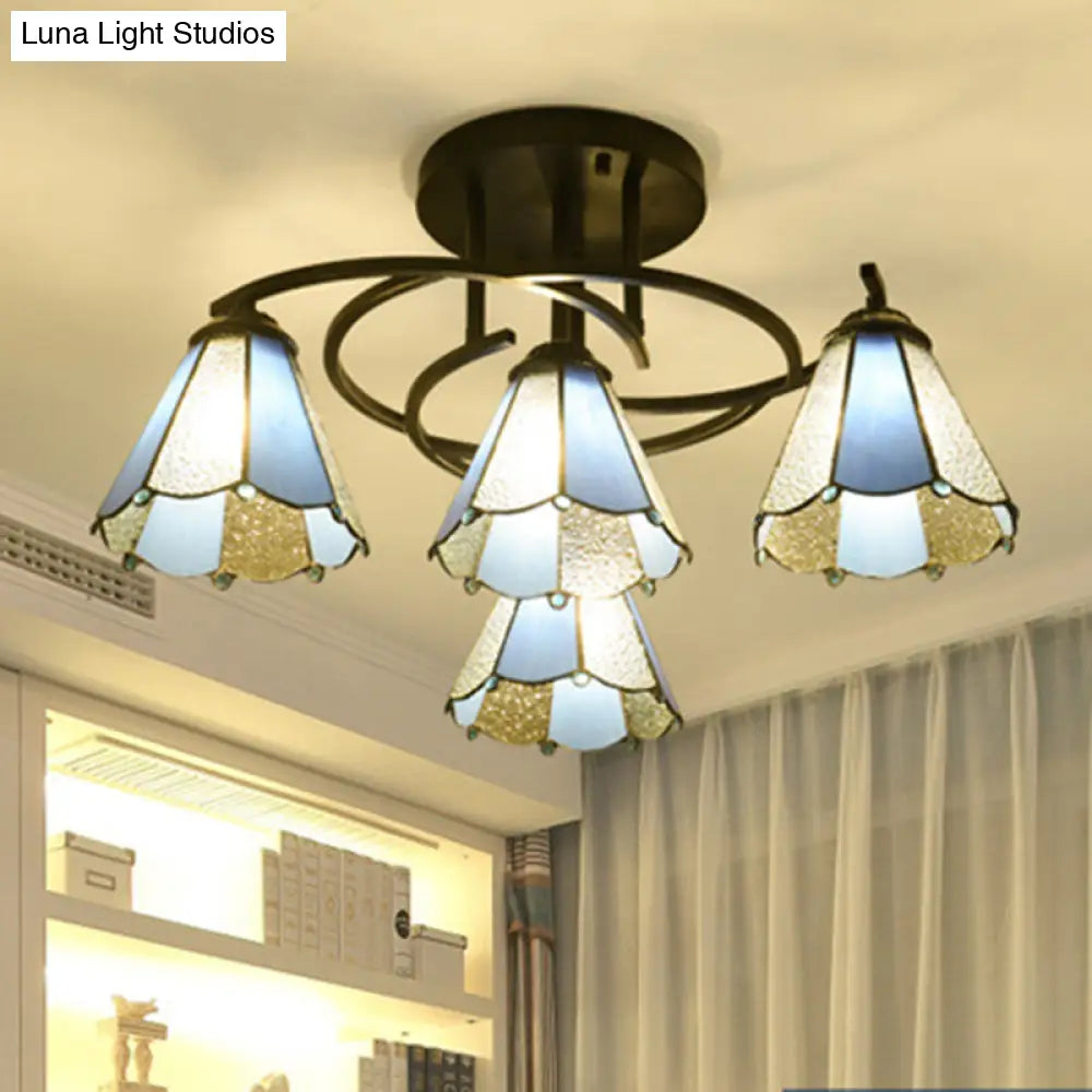 Mediterranean Black Bedroom Ceiling Lamp With Cone/Dome White/Beige/Blue Glass Shade - 4 Lights Semi