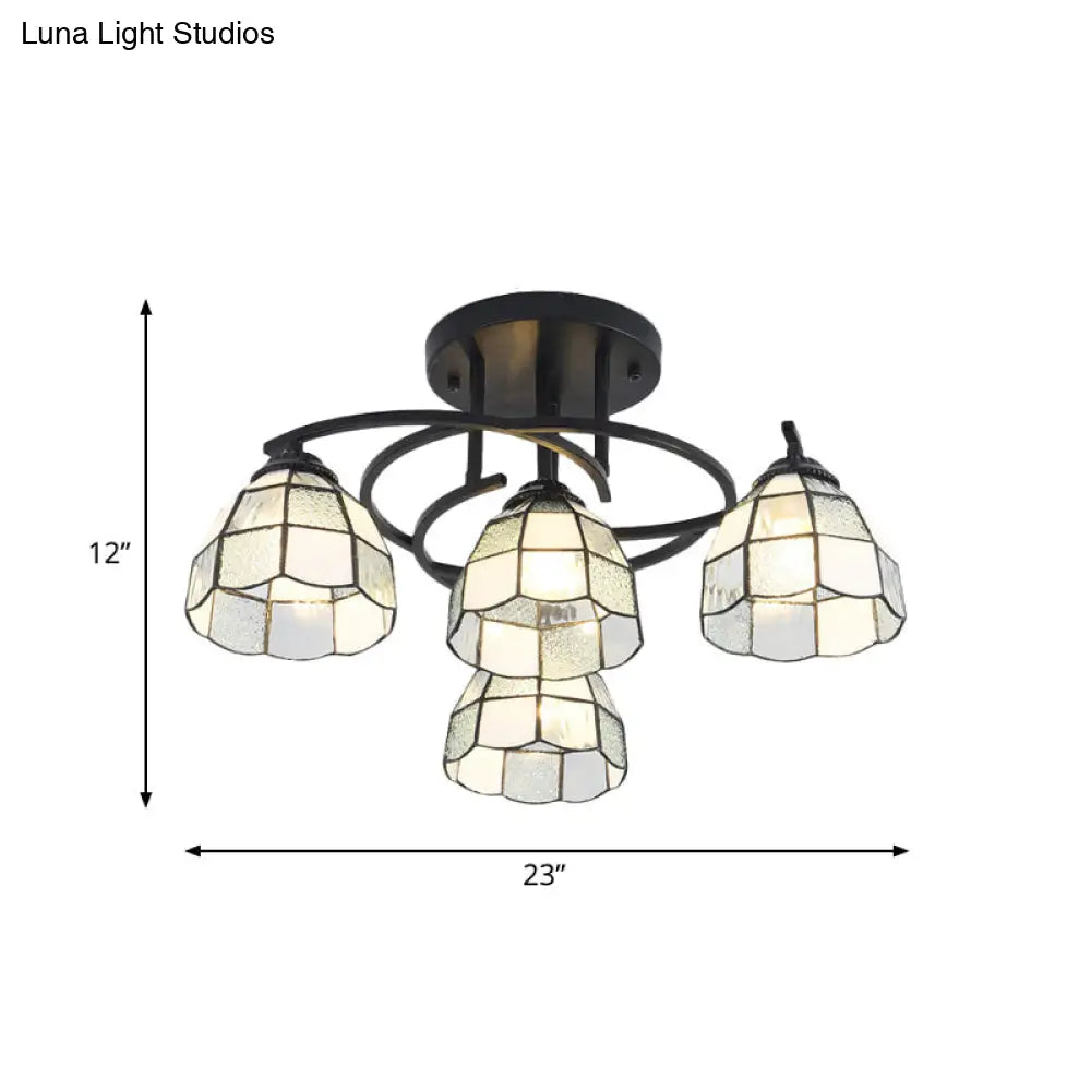 Mediterranean Black Bedroom Ceiling Lamp With Cone/Dome White/Beige/Blue Glass Shade - 4 Lights Semi